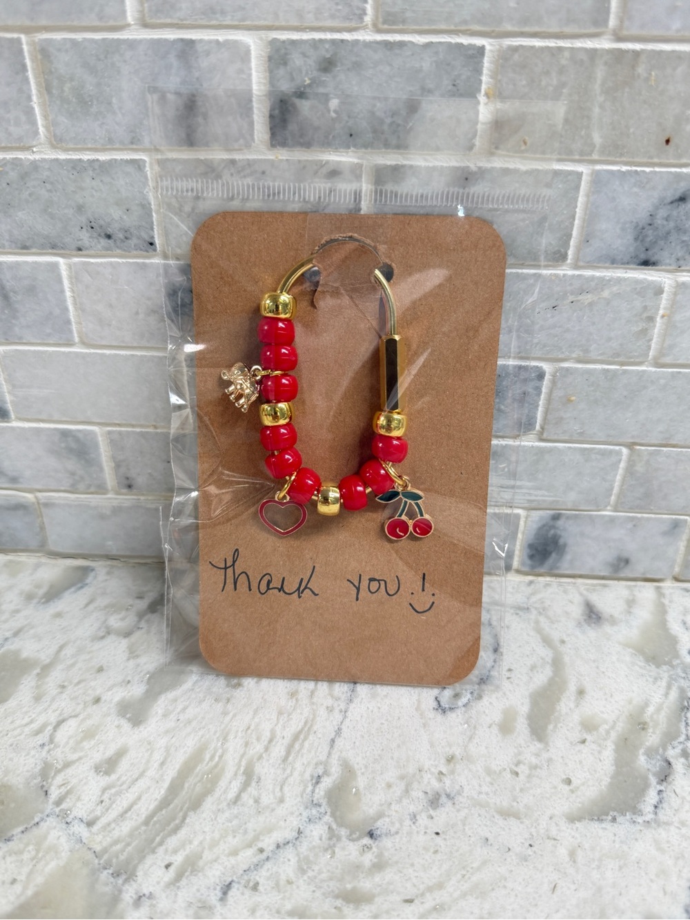 Red Beaded bag charm with Cherry & Heart Charms